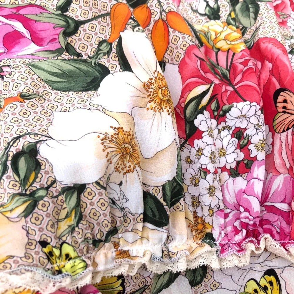 Emamo Vintage Silk Tan Pink Floral Ruffle Lace Shabby Chic Babydoll Dress S - Picture 4 of 9